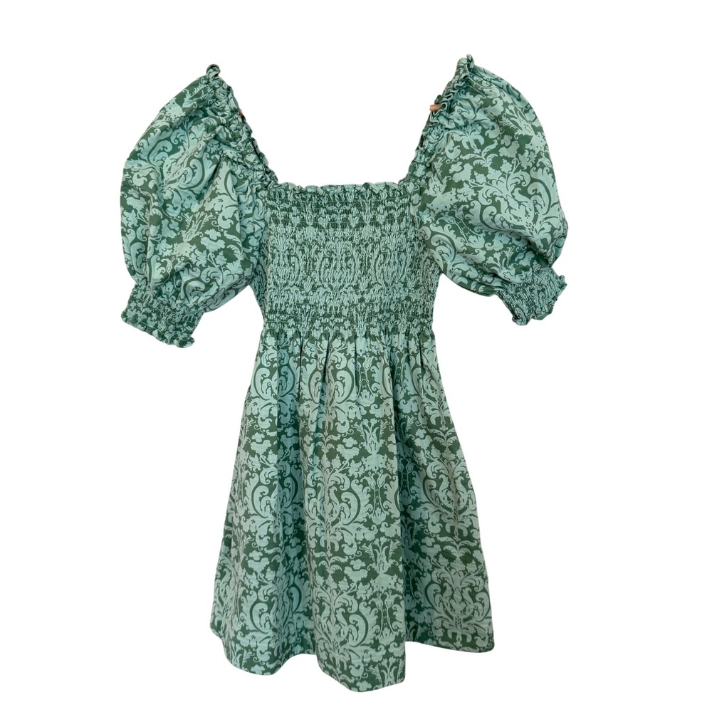 Hill House Home Athena Nap Dress Size S Green Damask Smocked Puff Sleeve Mini
